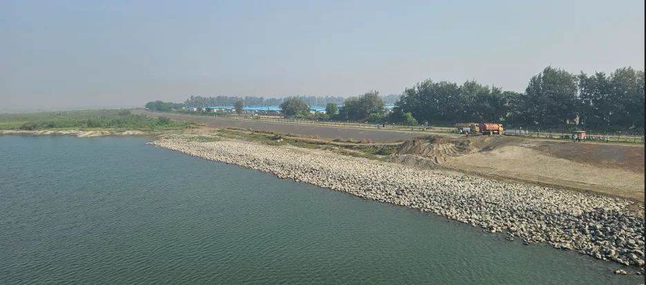 Rock-armour river training works beside the Jamuna River